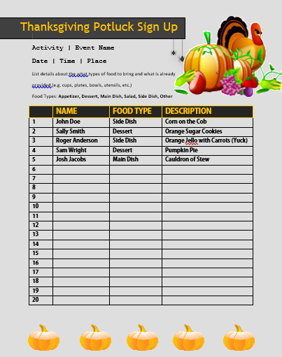 12 Thanksgiving Potluck Signup Sheets with Thankgiving