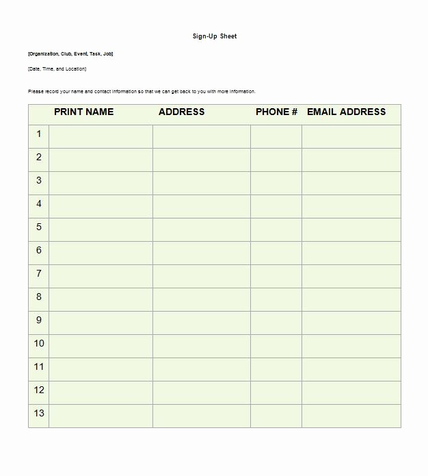 sign up sheet template