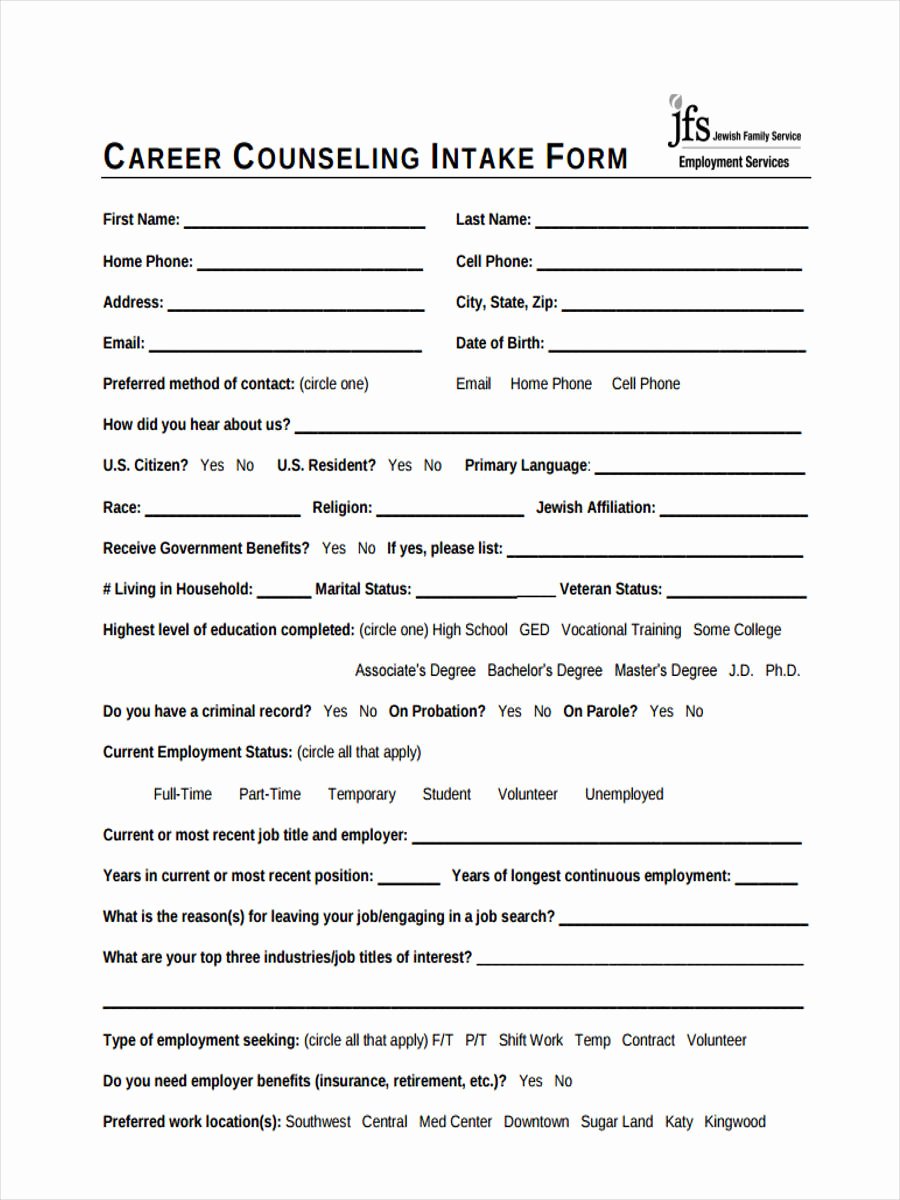 8 Counseling Intake forms Free Sample Example format