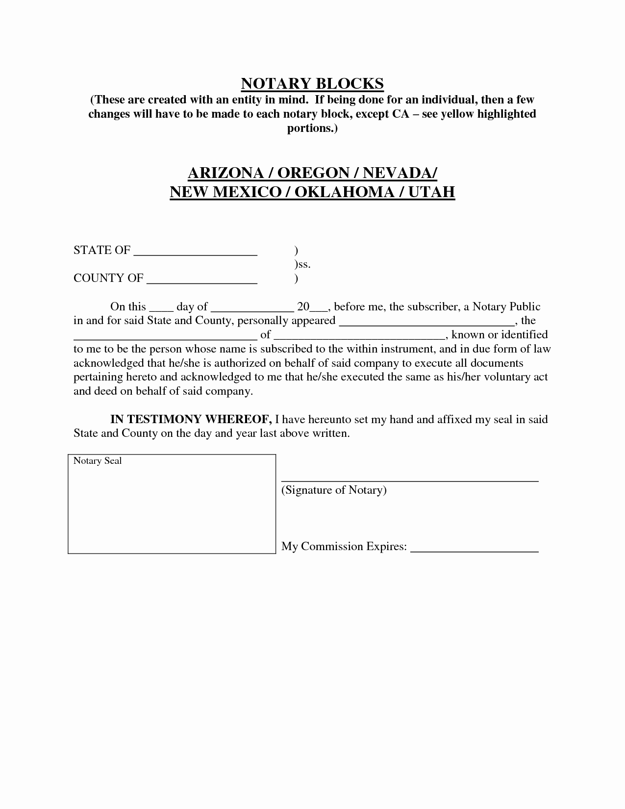 Notary Signature Block Template