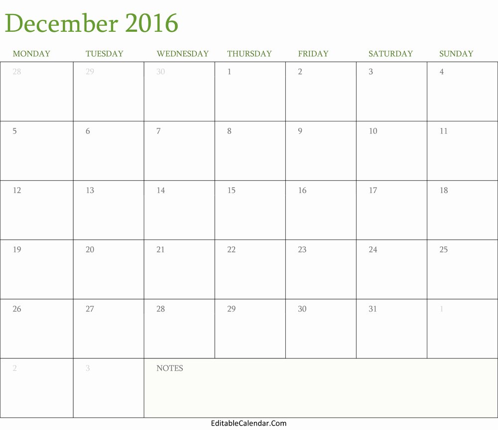Blank December 2016 Calendar Template Editablecalendar