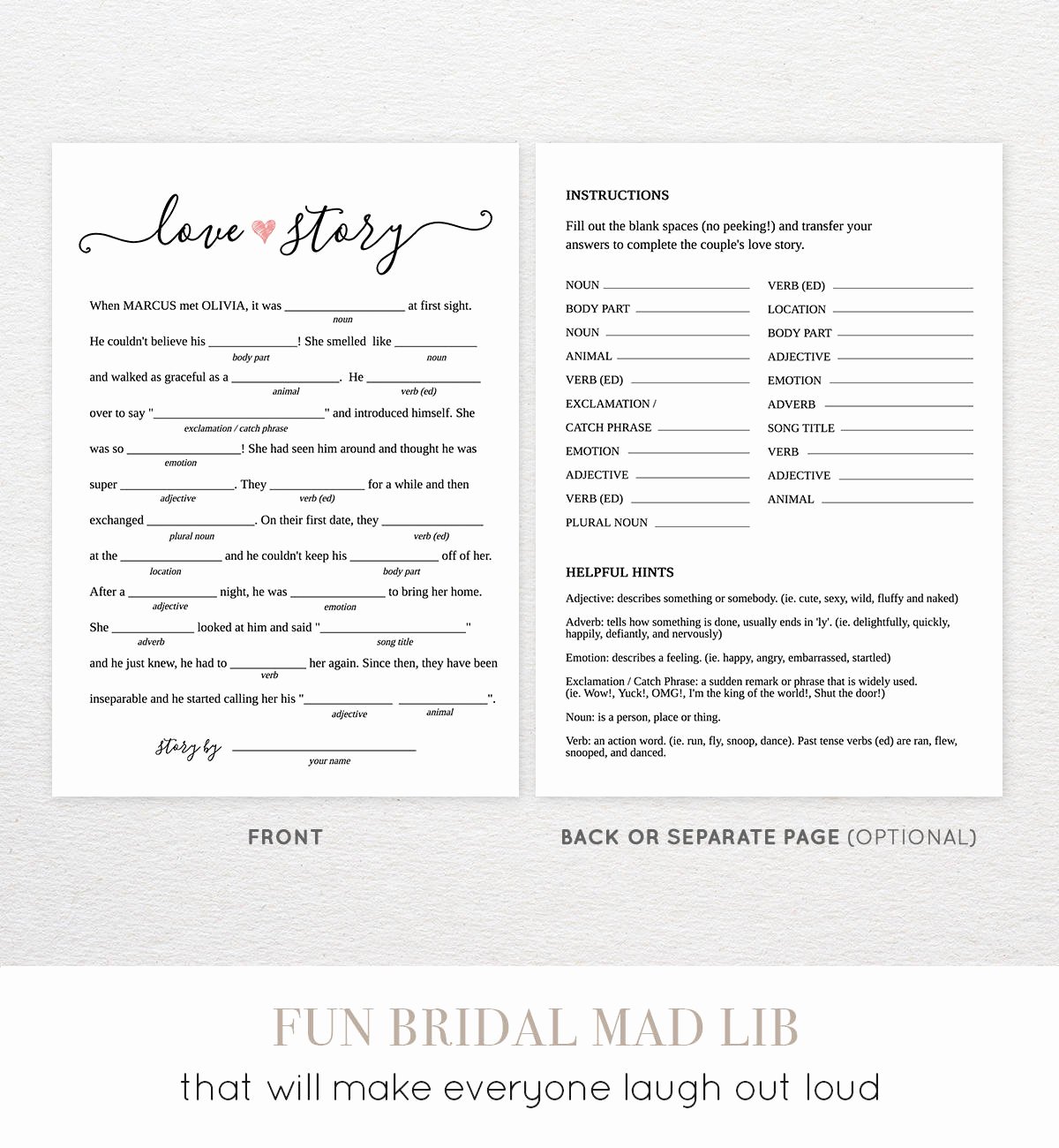 Bridal Shower Mad Libs Printable