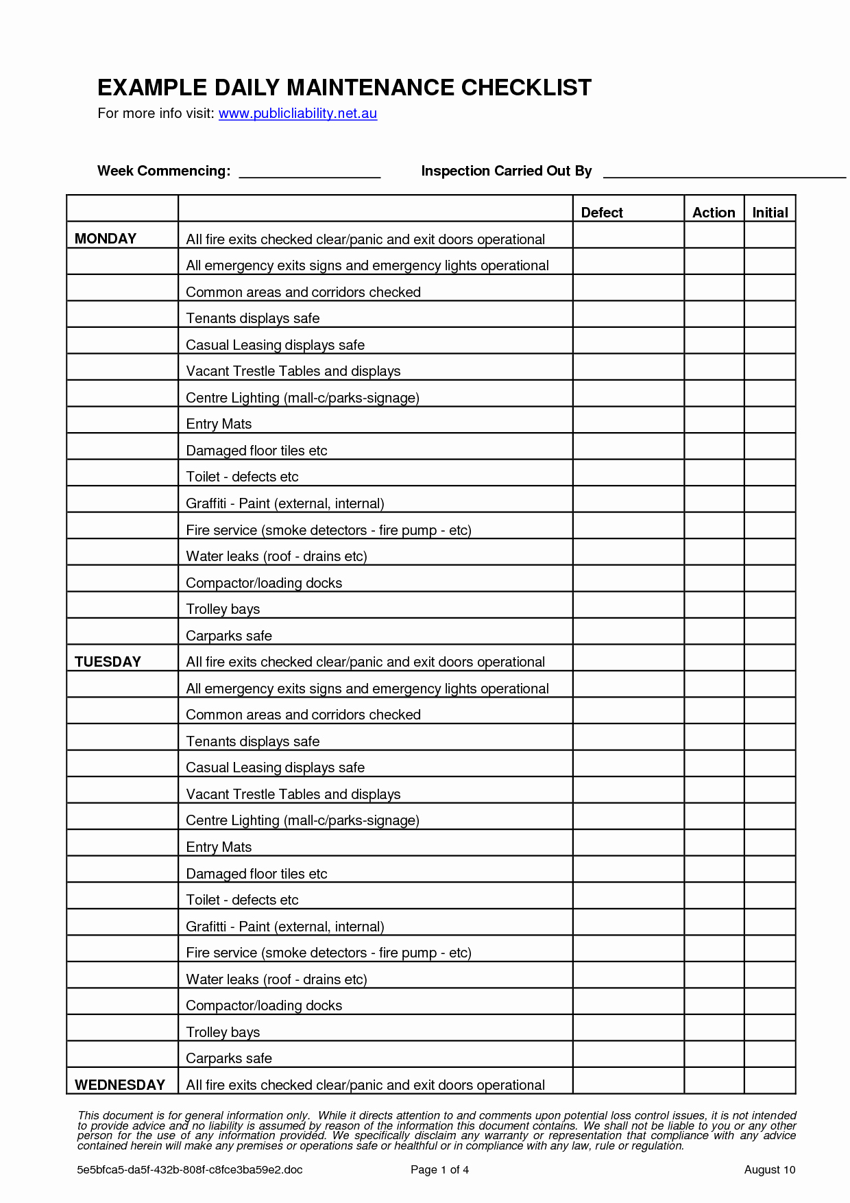 Checklist Maintenance Checklist Template