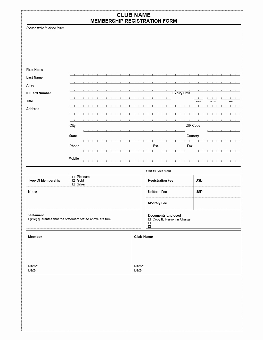 Club Membership Application form
