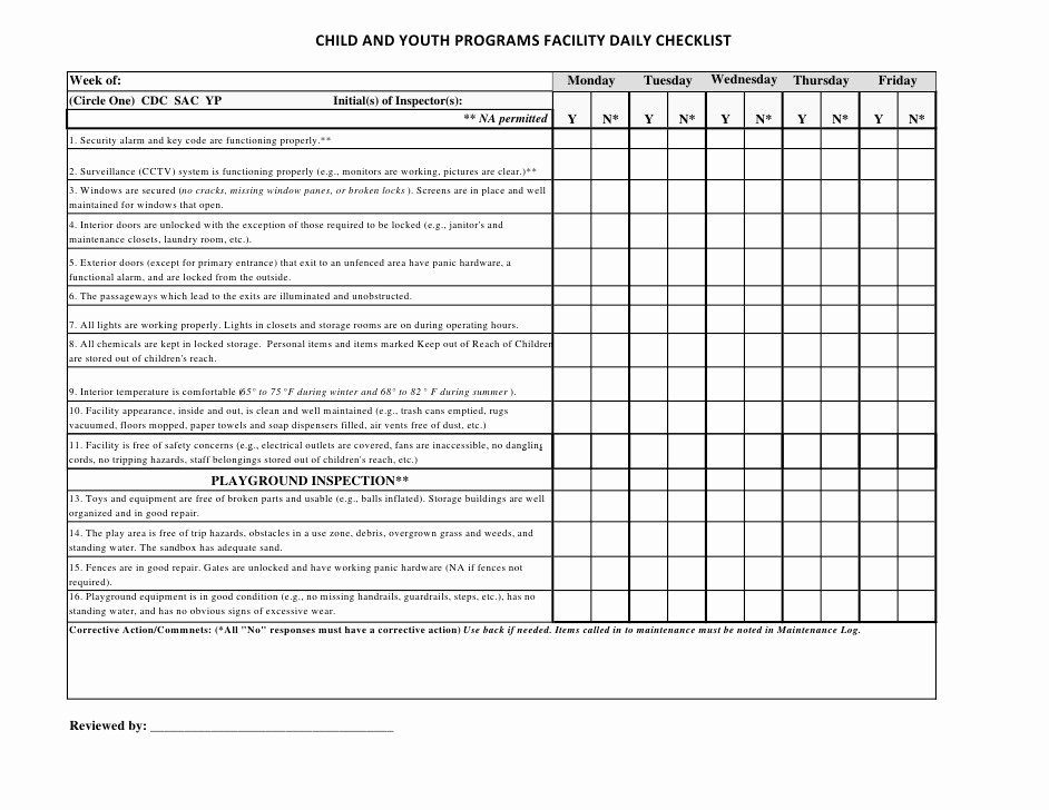 Facility Maintenance Checklist Form Excel Templates
