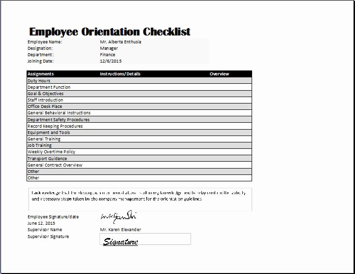 Employee orientation Checklist Template