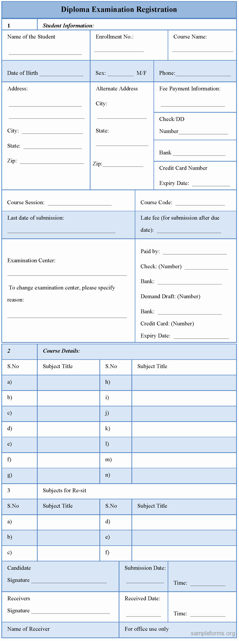 Exam Registration forms Templates