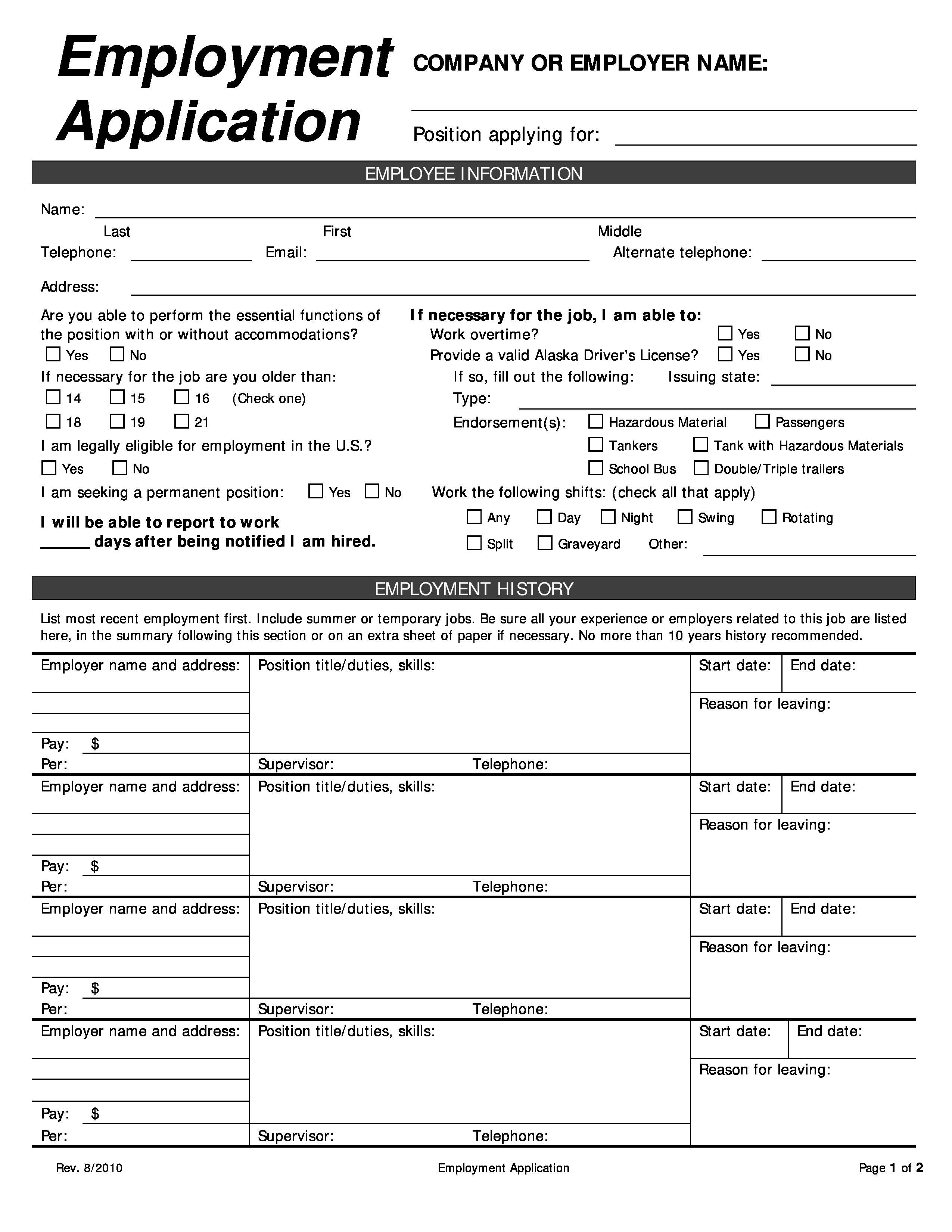 Free Blank Employee Application form