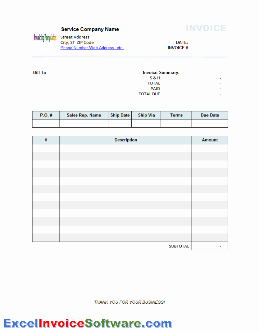 Generic Service Invoice Template 2 for Excel Invoice software