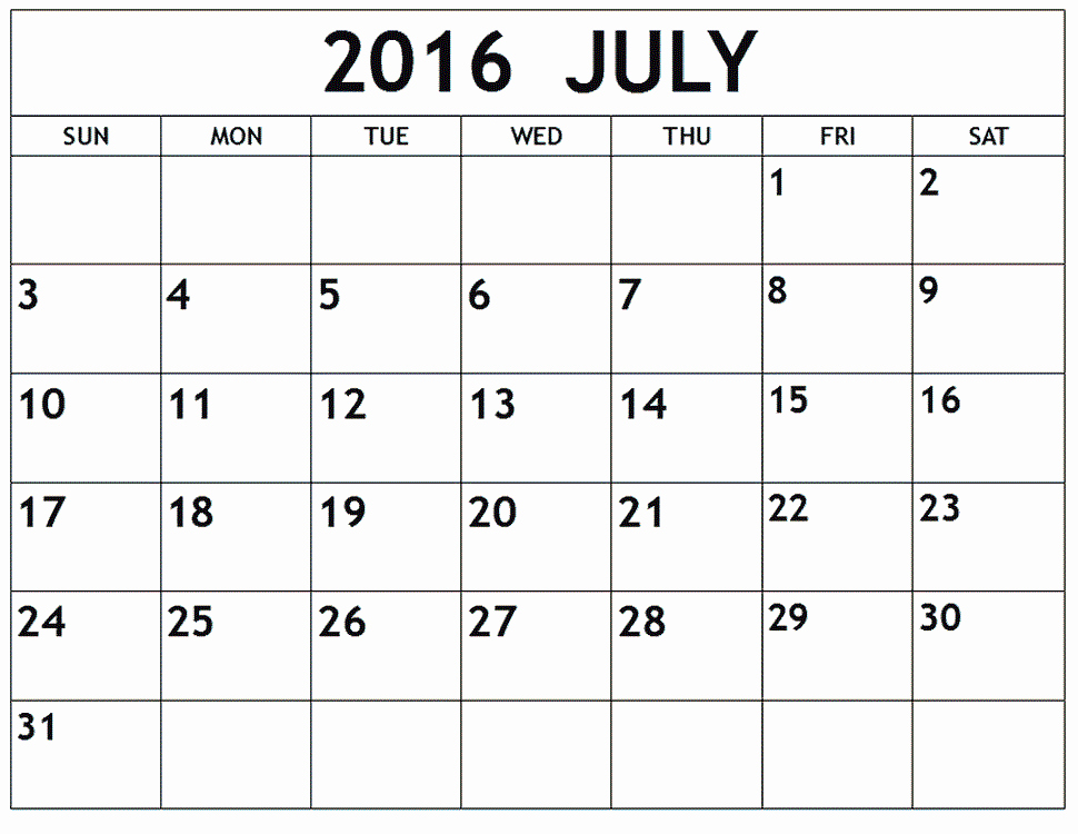 July 2016 Blank Weekly Templates