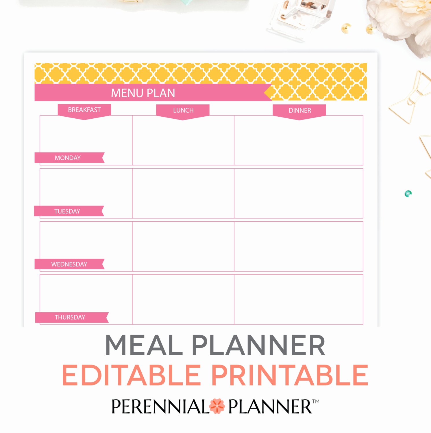 Menu Plan Weekly Meal Planning Template Printable Editable