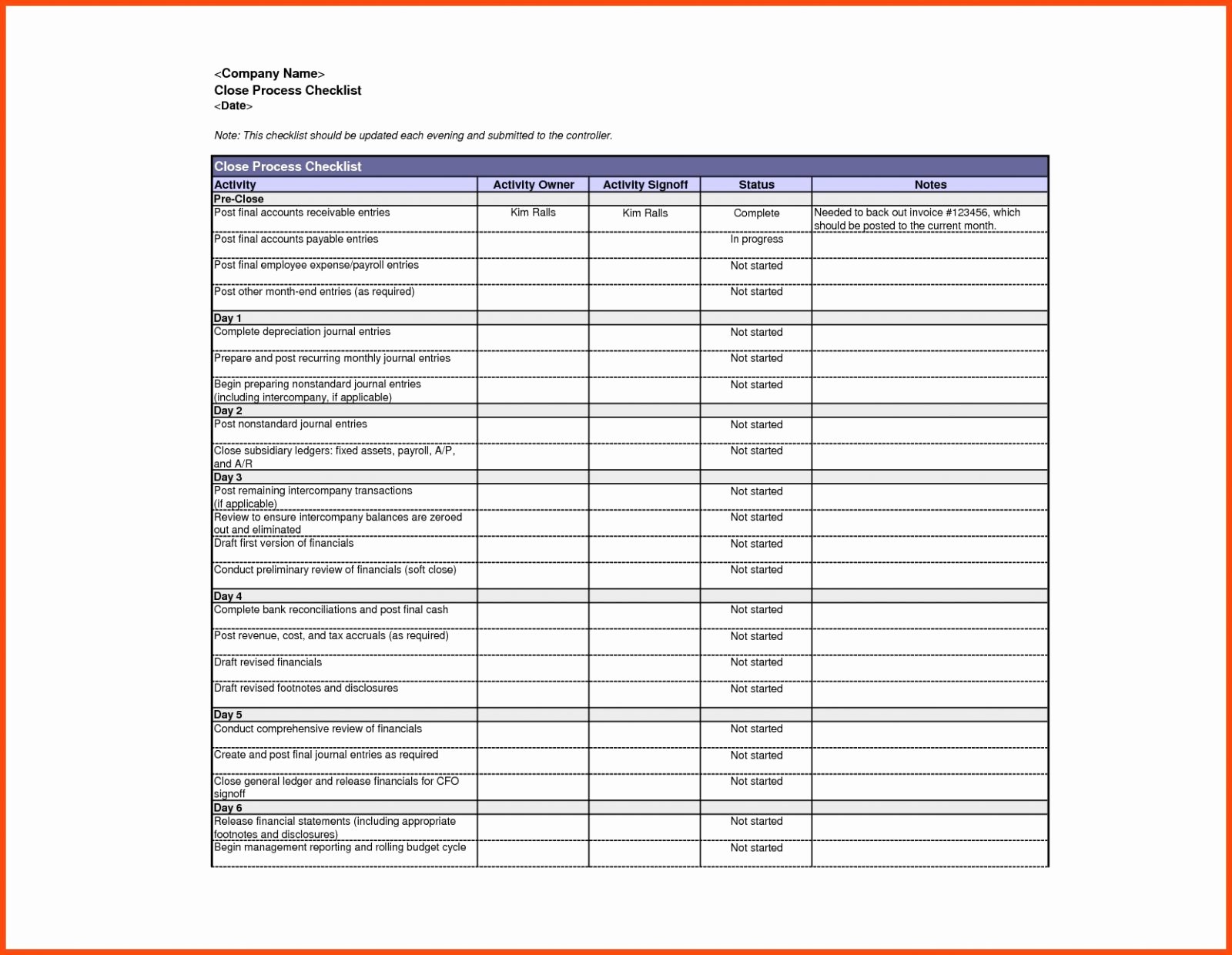 Month End Close Checklist Template