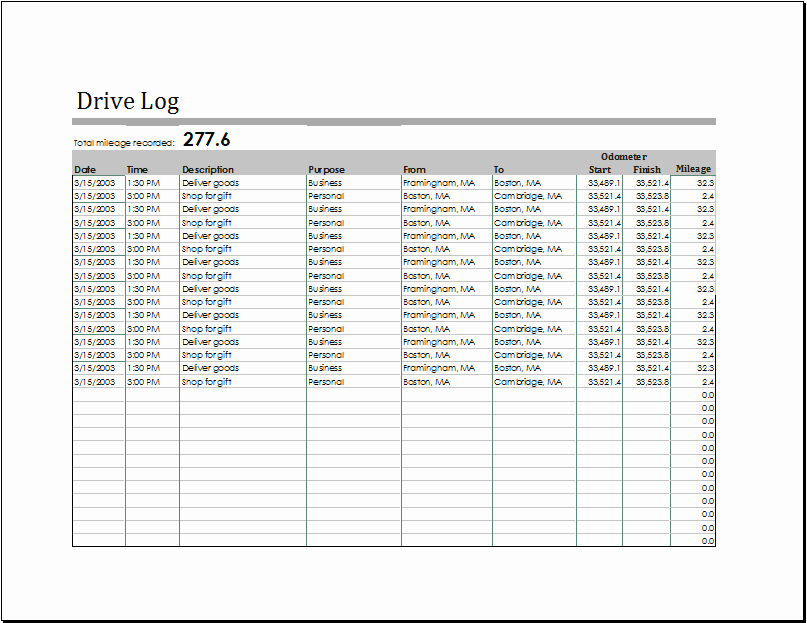 Ms Excel Driving Log Sample Template
