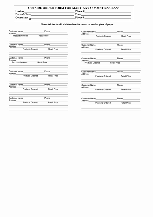 Outside order form for Mary Kay Cosmetics Class Printable