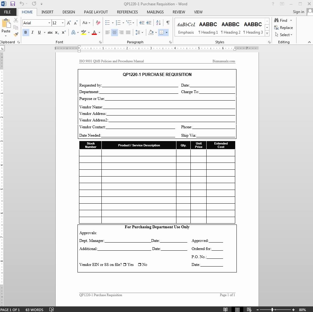 Purchase Requisition iso Template