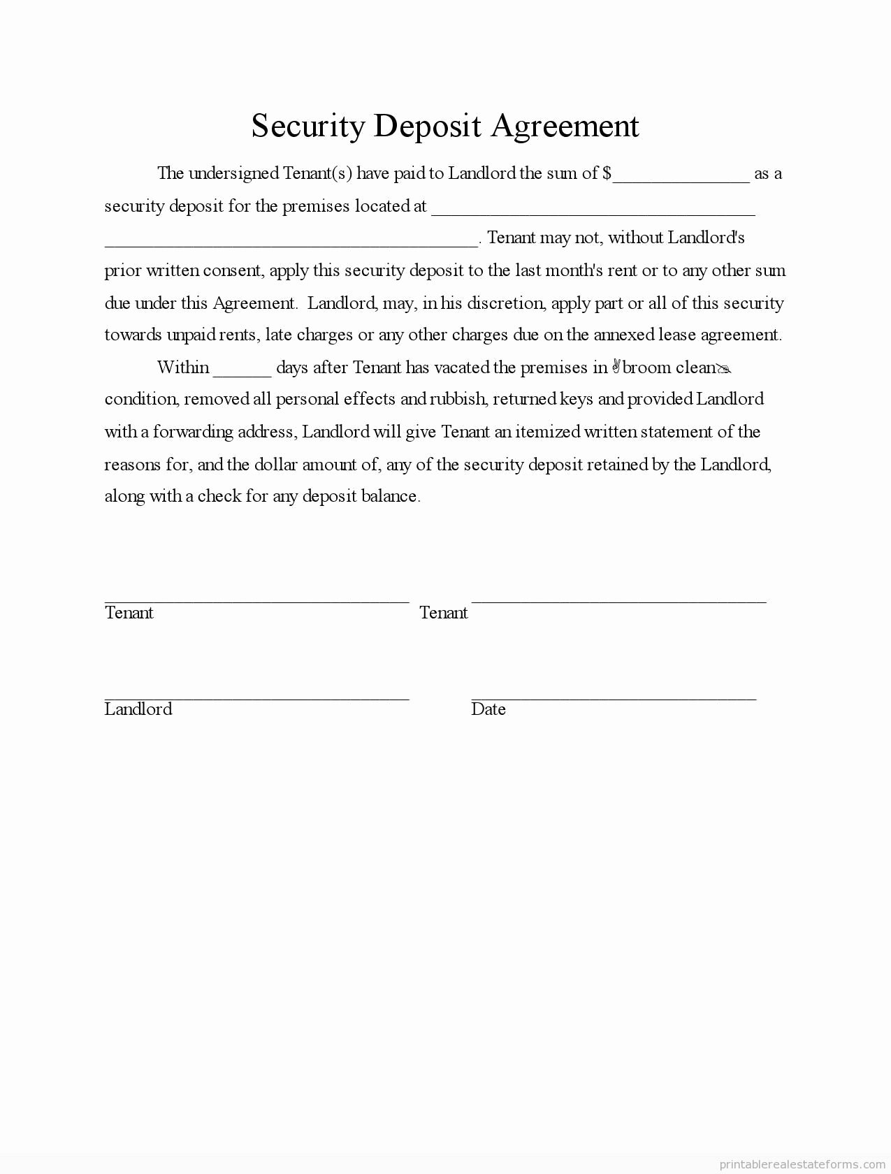 Sample Printable Security Deposit Agreement form