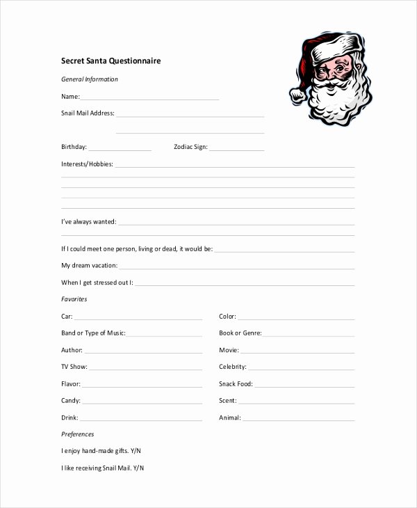 Sample Secret Santa Questionnaire form 10 Free