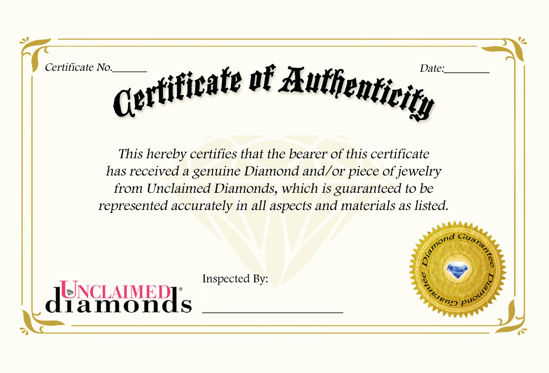 Unclaimed Diamonds Certificate Of Authenticity
