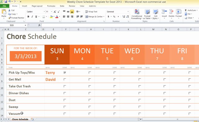Weekly Chore Schedule Template for Excel 2013
