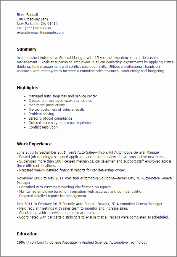1 Automotive General Manager Resume Templates Try them