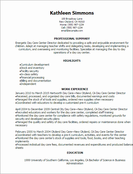 1 Day Care Center Director Resume Templates Try them now