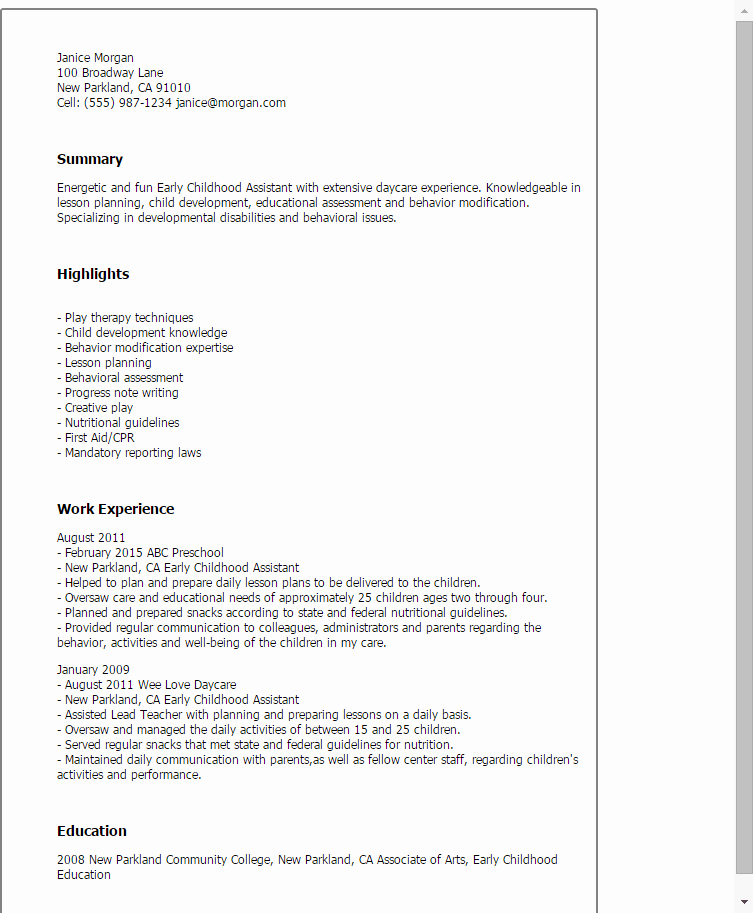 1 Early Childhood assistant Resume Templates Try them