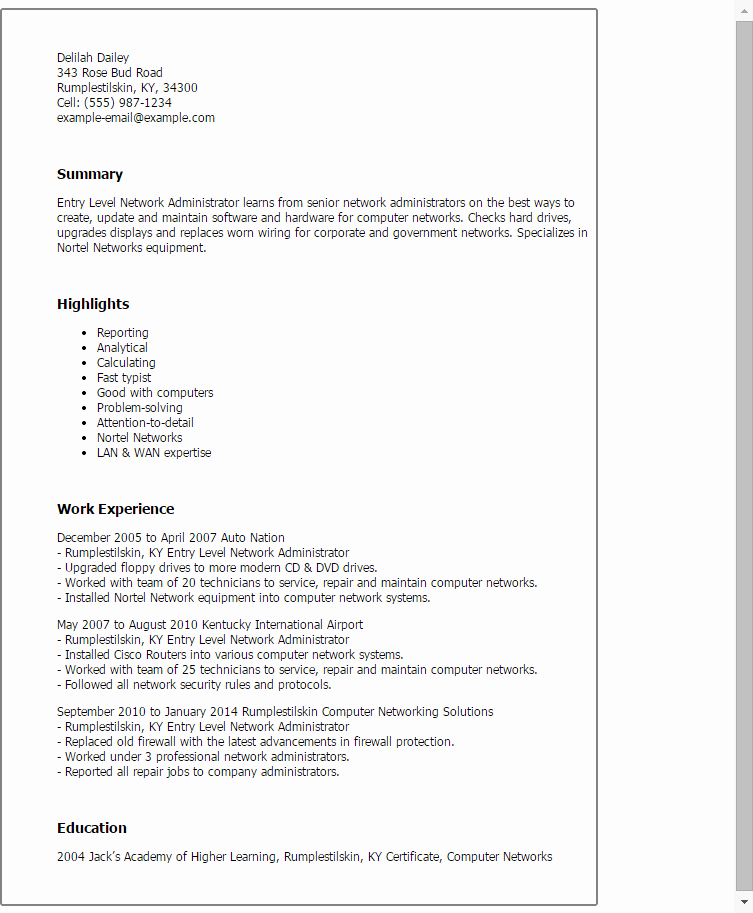 1 Entry Level Network Administrator Resume Templates Try