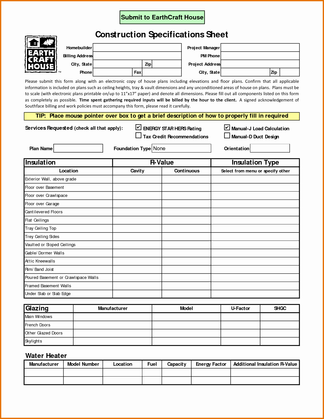Builder Spec Sheet Template