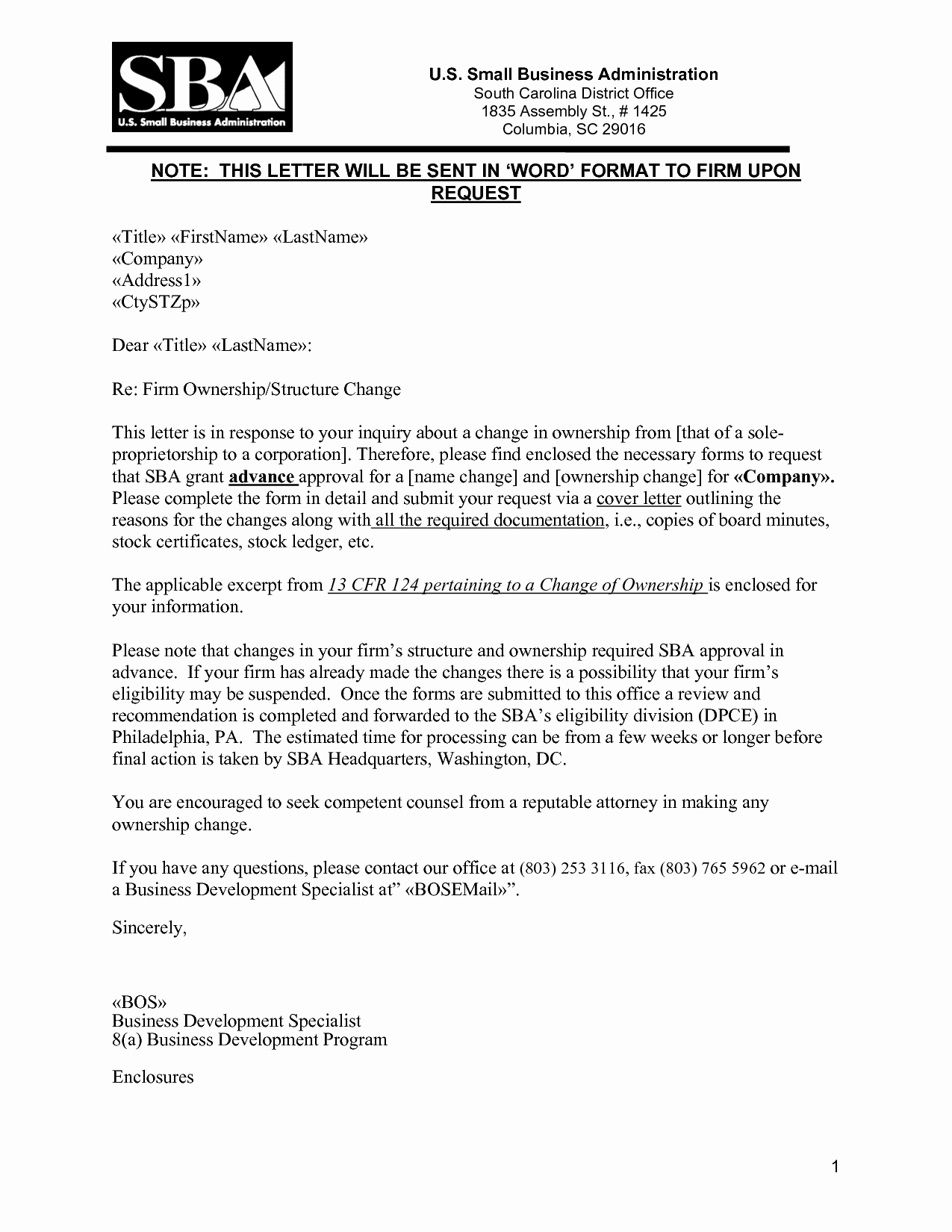 Transfer Of Ownership Letter Template