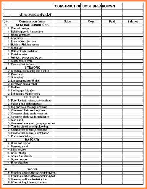 10 Construction Cost Spreadsheet Template