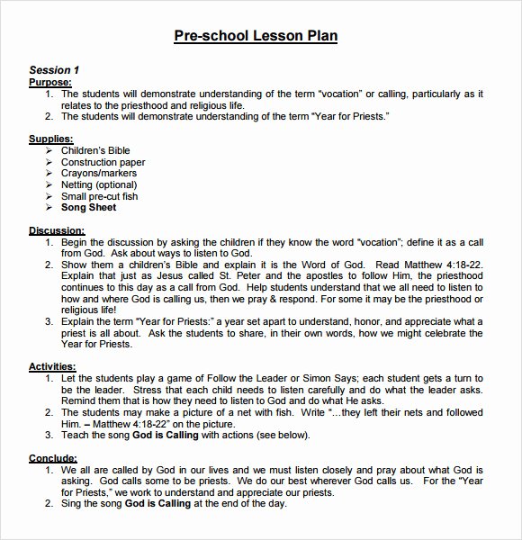sample preschool lesson plan