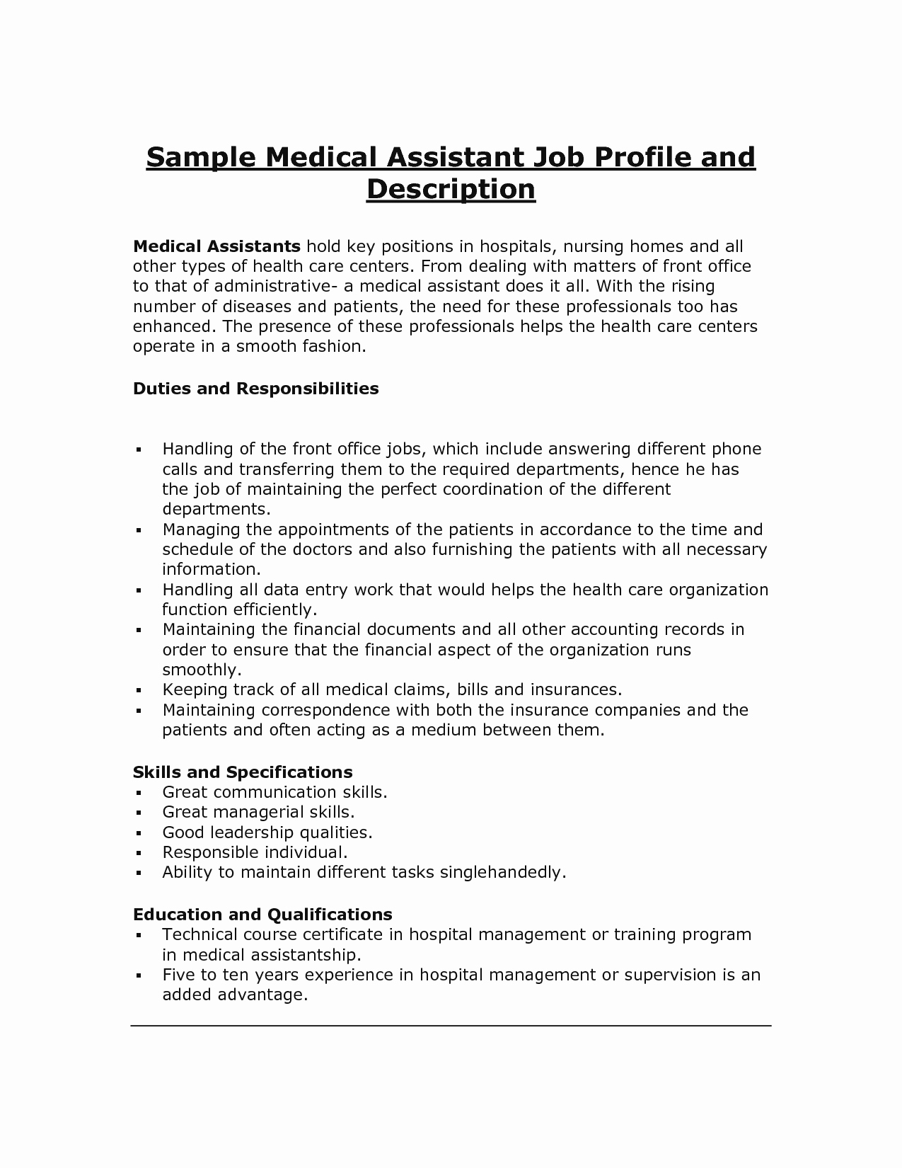 10 Sample Resume for Medical assistant Job Description