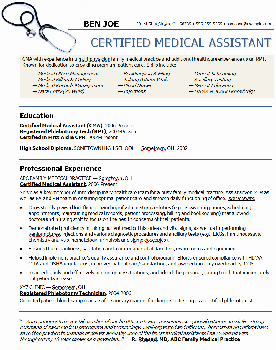 10 Sample Resume for Medical assistant Job Description