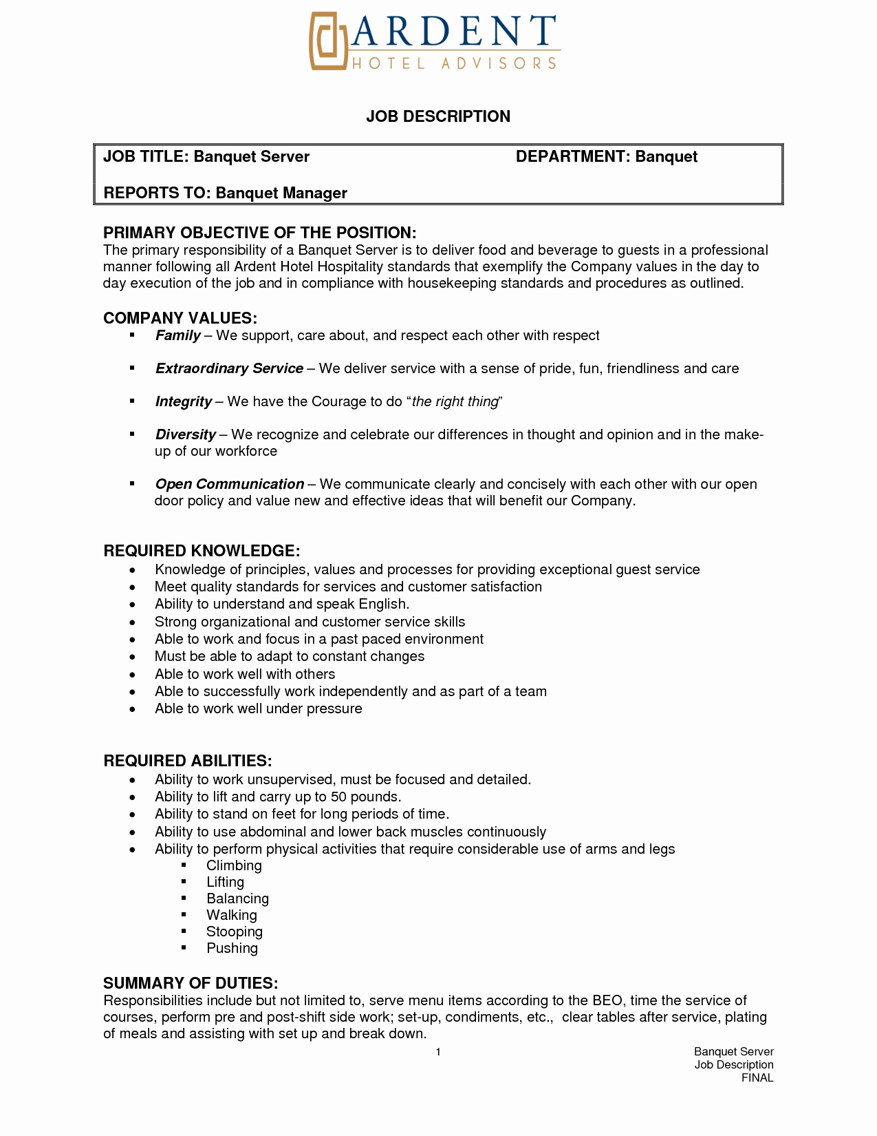 10 Simple Server Job Description Resume
