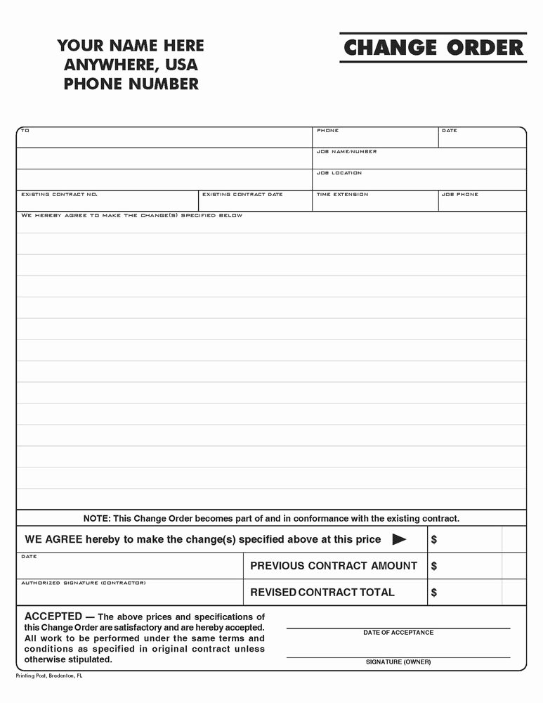 100 2 Part Ncr Carbonless form Contractor Change order