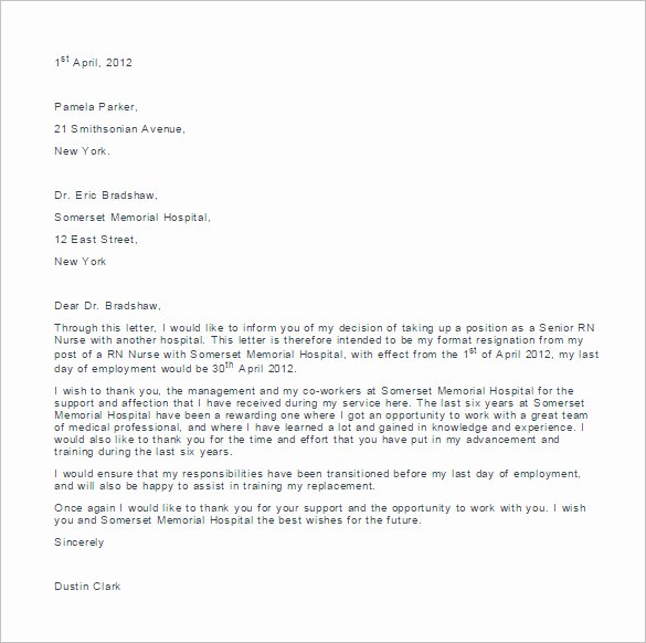 sample nursing resignation letter