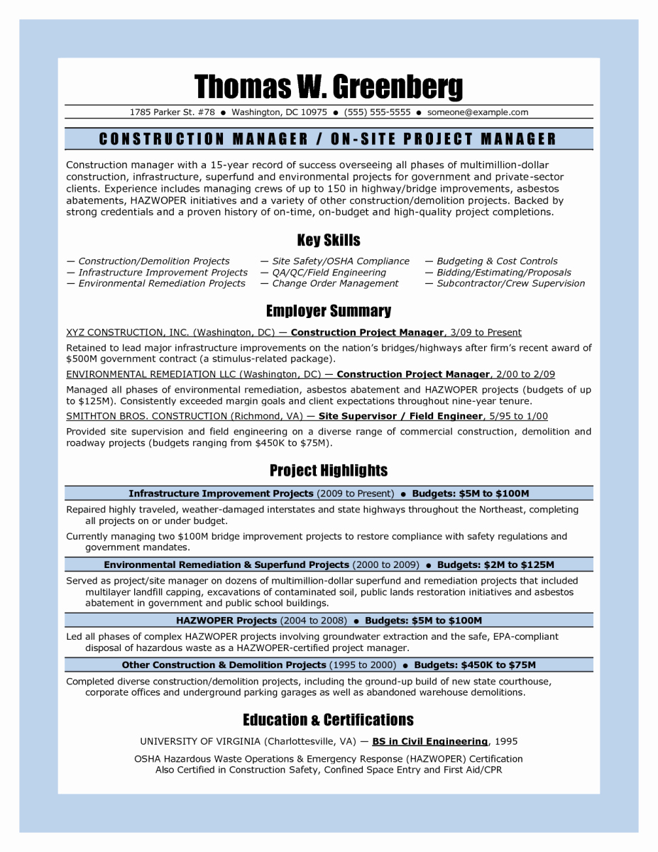 11 Sample Resume for Project Manager Construction