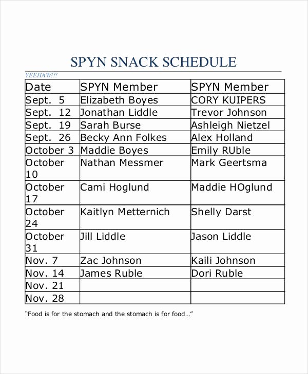 11 Snack Schedule Samples &amp; Templates – Pdf