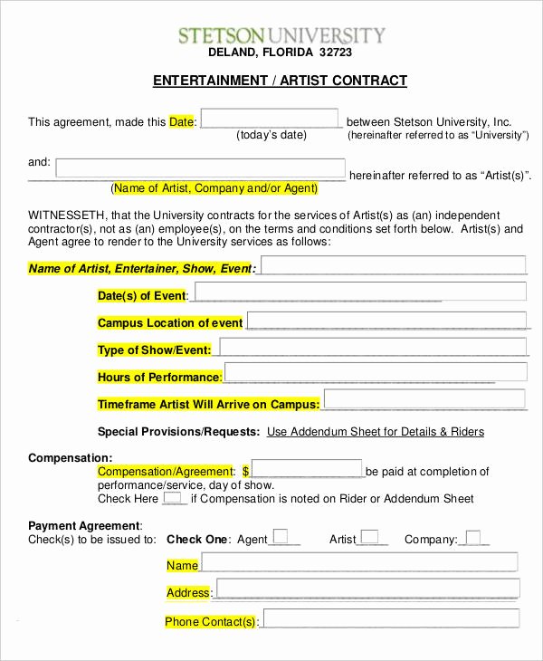 12 Artist Contract Templates Free Sample Example