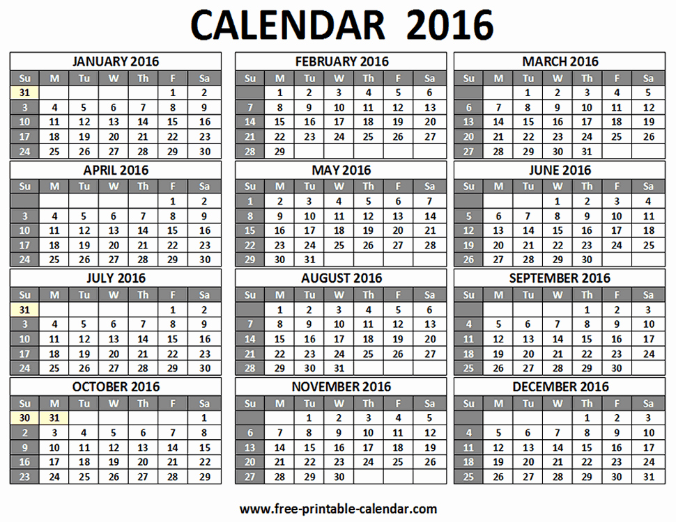 12 Month Calendar 2016 Printable E Page