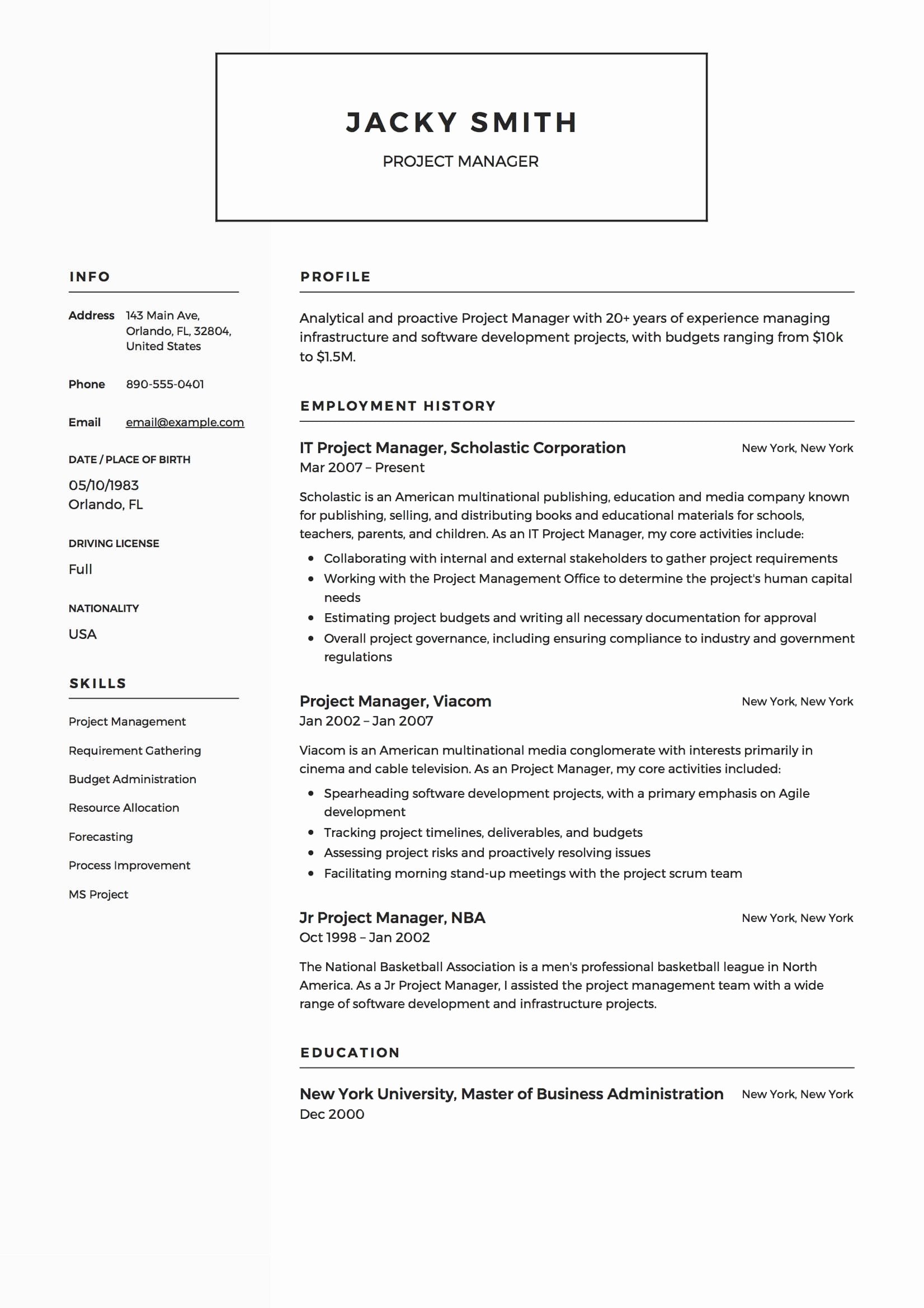 12 Project Manager Resume Sample S 2018 Free Downloads