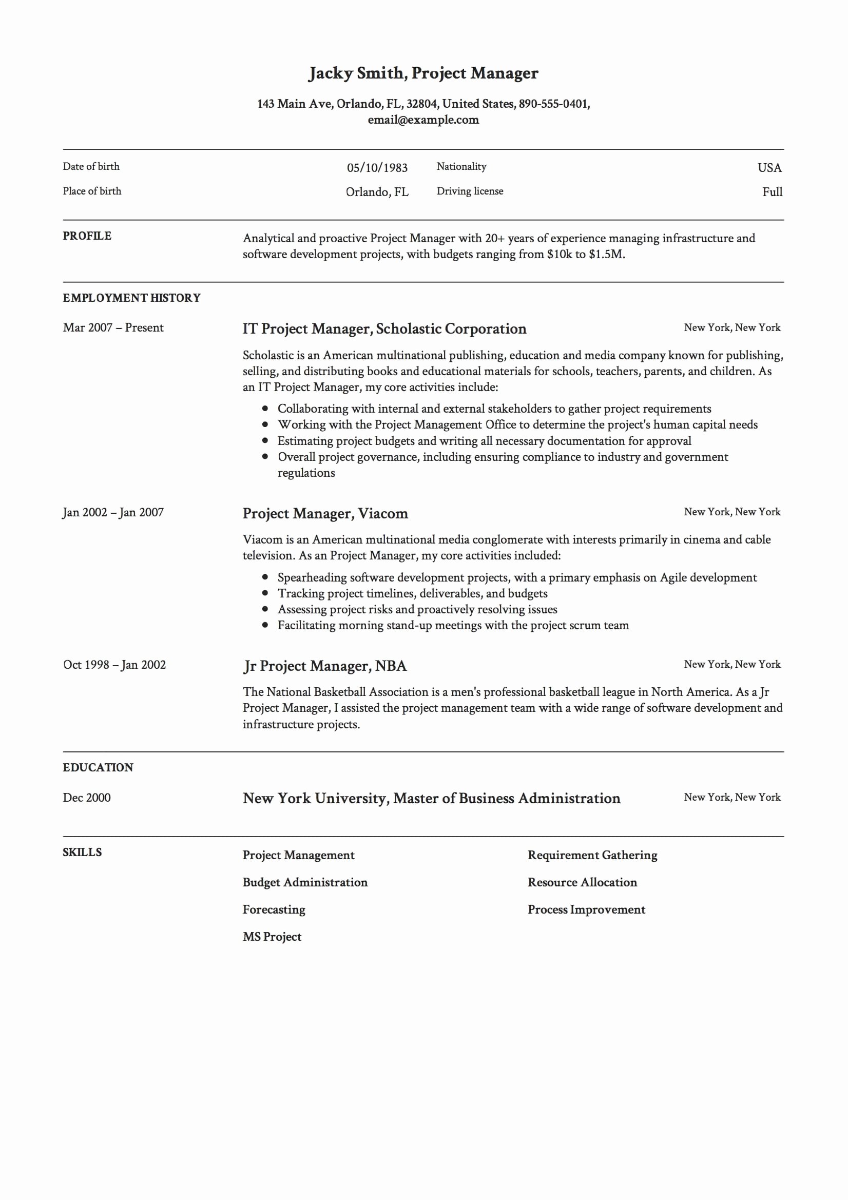 project manager resume