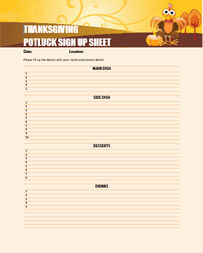 12 Thanksgiving Potluck Signup Sheets with Thankgiving