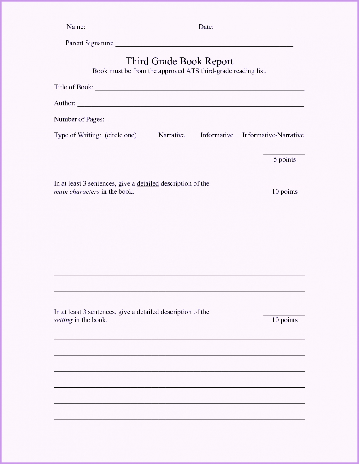 1st 2nd 3rd 4th 5th Grade Book Report Template
