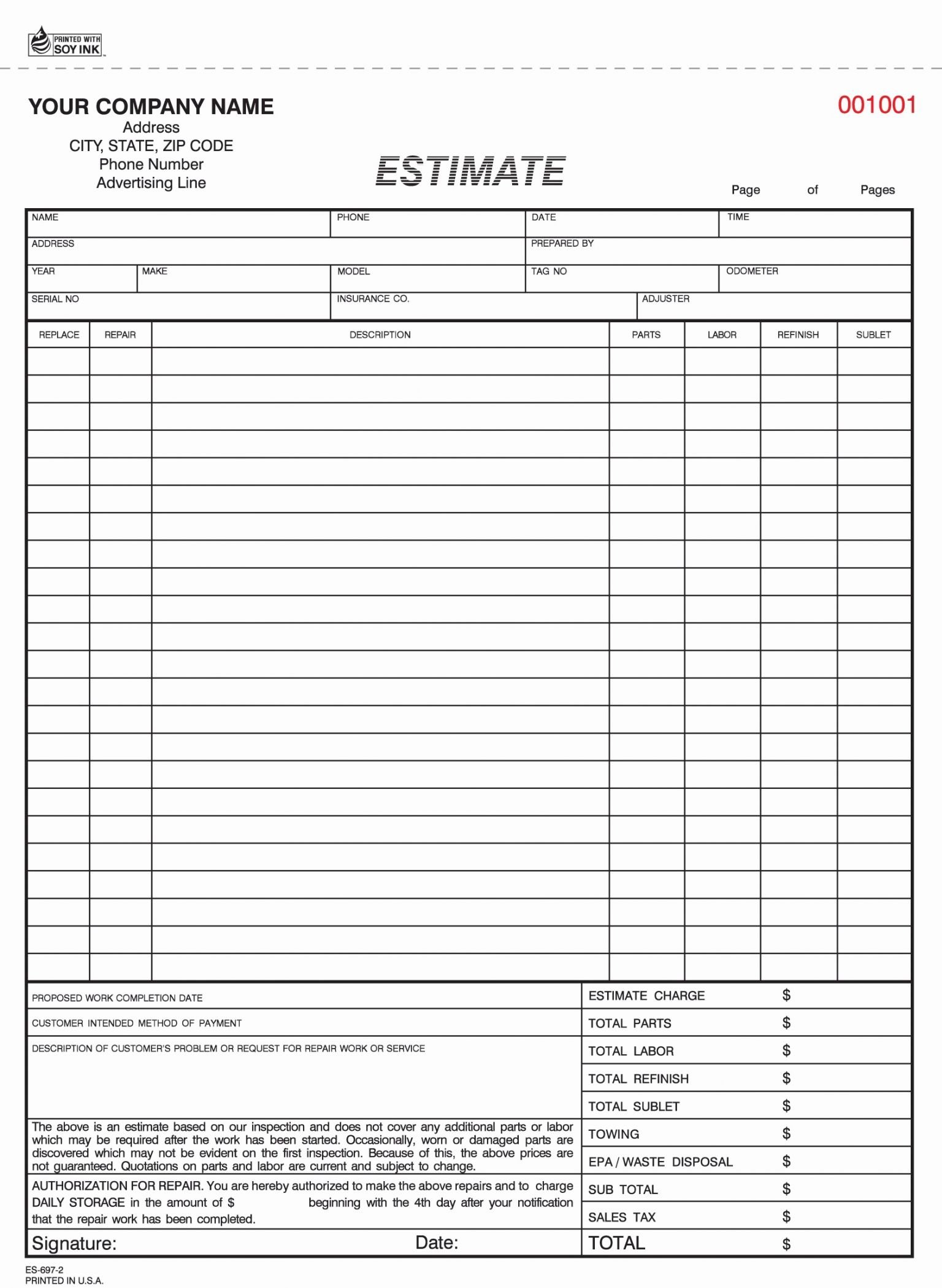 2 Part Auto Repair Estimate form Carbonless – Letter Example Template