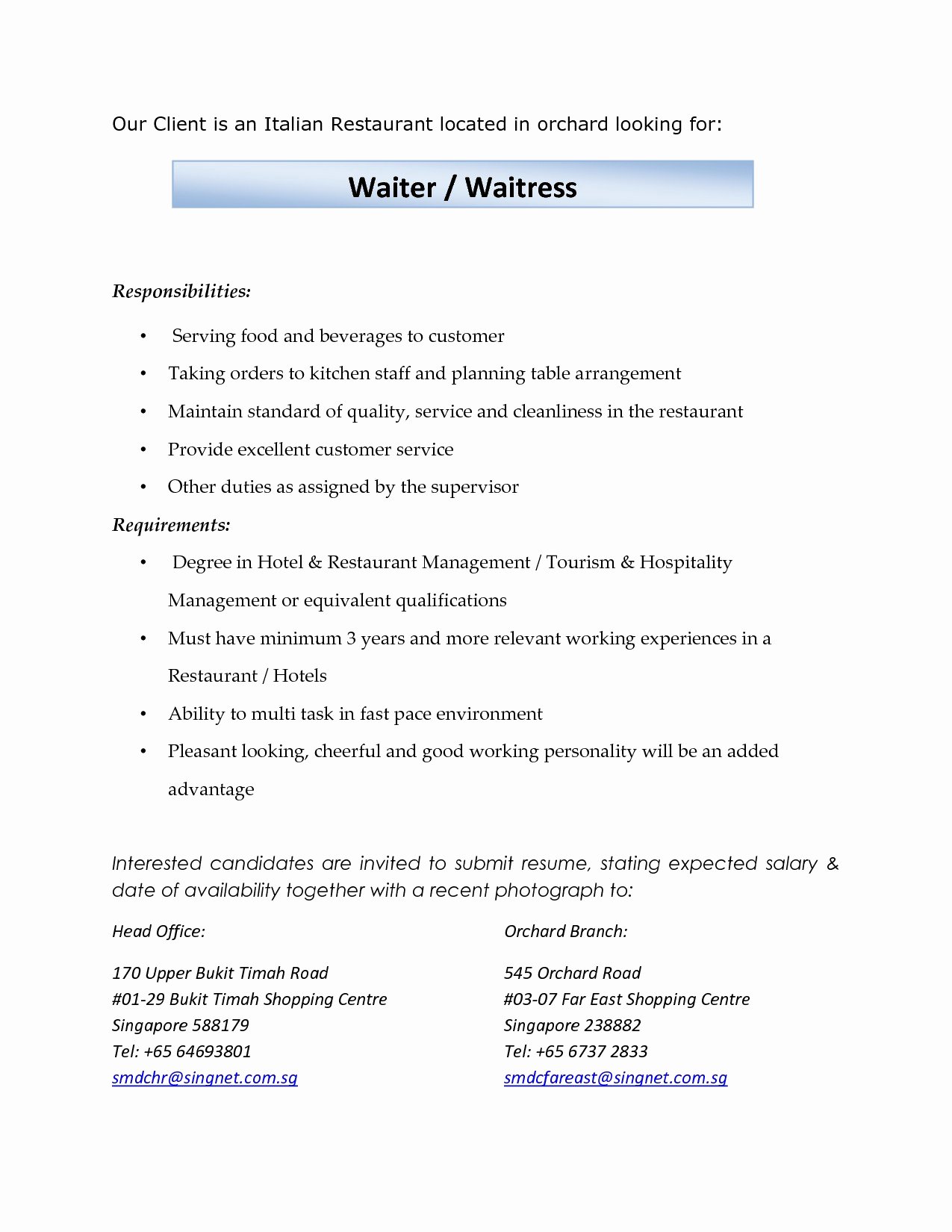 20 Lovely Waitress Job Description Resume Ve Aful