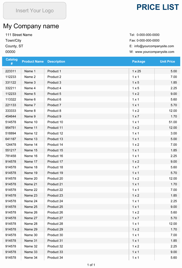 price list templates