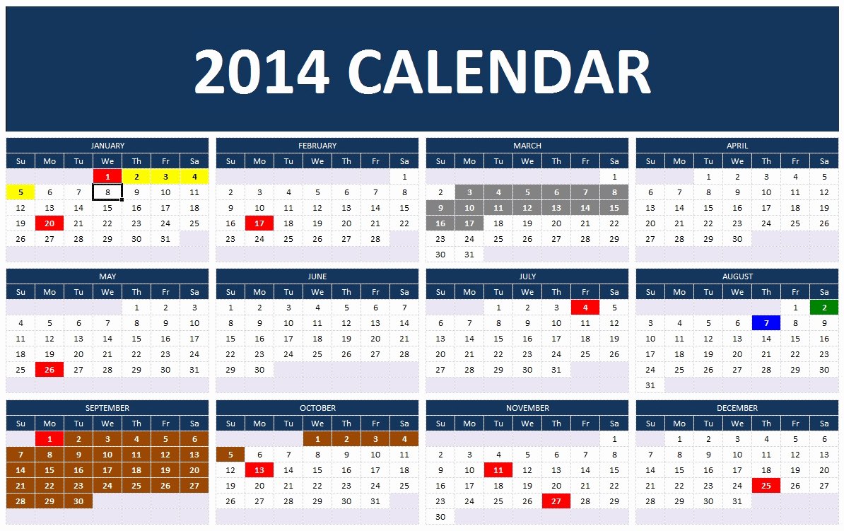 2014 Calendar Template Excel