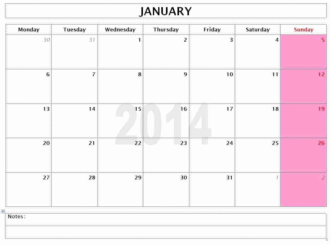 2014 Monthly Calendar