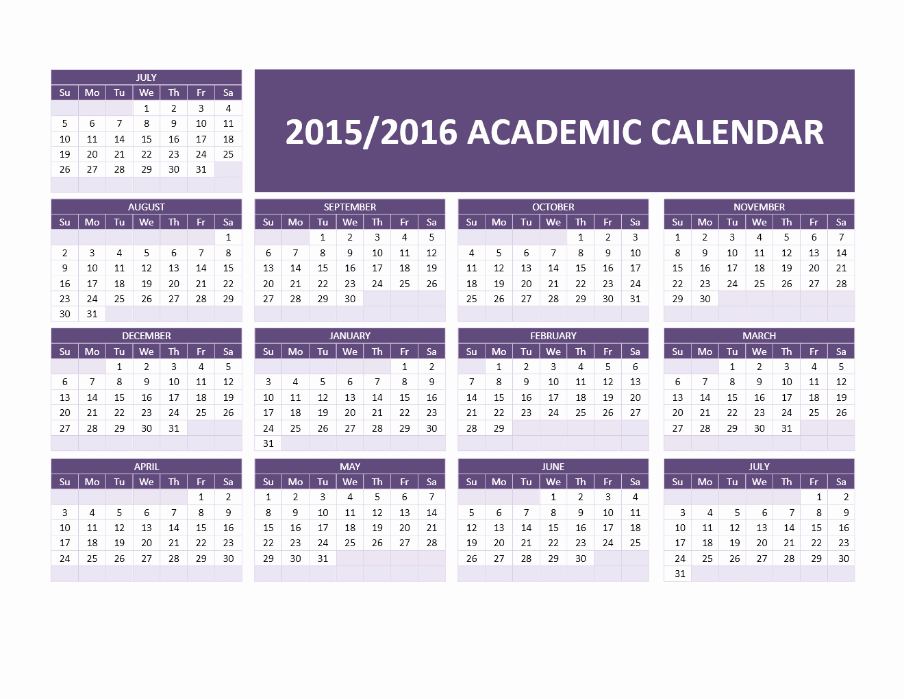 2015 2016 Academic Calendar Templates